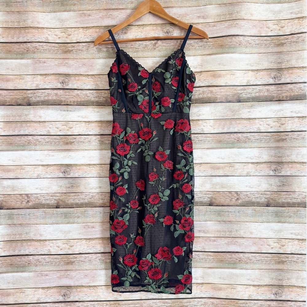 BCBGMaxazria Women's La Rosa Body Con Mesh Floral Embroidered Dress Size 0